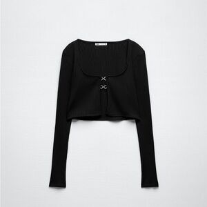 Black Square Neck Long Sleeve Crop Blouse